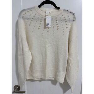H&M Women's White Pearl‎ Embellished Crew Neck Sweater XS NWT